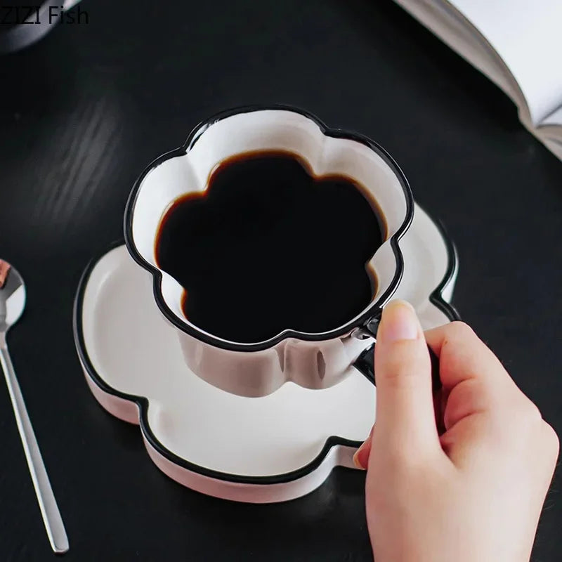Afralia™ Black Edged Flower Mug Set - Ceramic Cup & Saucer for Tea, Coffee, and Juice
