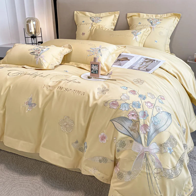 Afralia™ Chic Flowers Embroidery Princess Bedding Set - 100% Egyptian Cotton - Duvet Cover, Sheet, Pillowcases