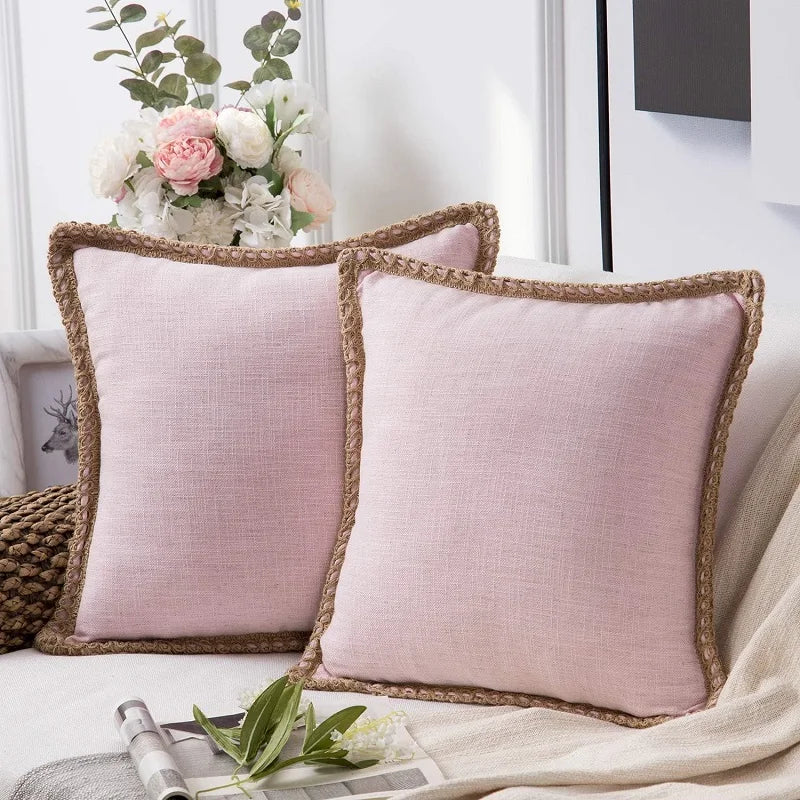 Afralia™ Pink Linen Trimmed Fall Outdoor Pillow Cover for Farmhouse Decor