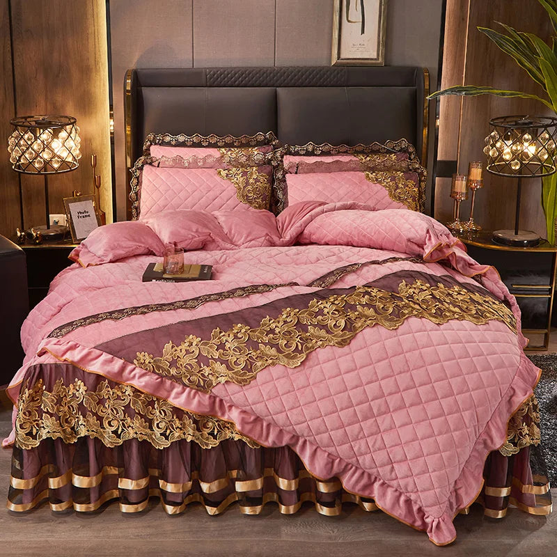 Afralia™ Black Gold Luxury Crystal Velvet Bedding Set with Quilted Embroidery & Ruffles