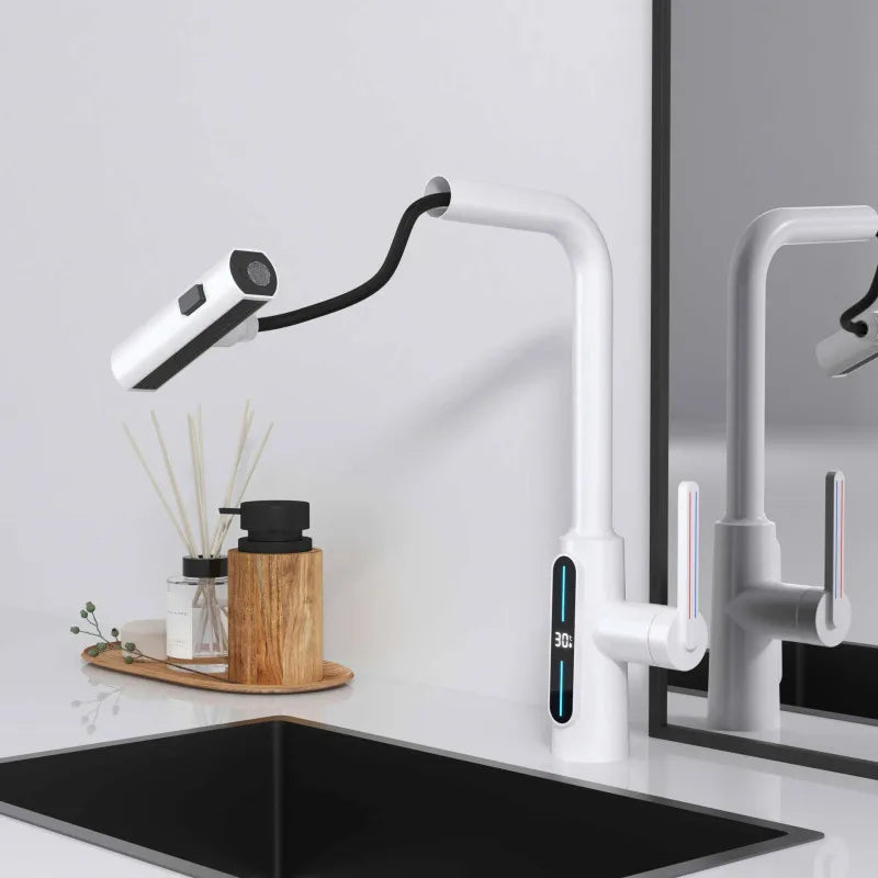 Afralia™ Brass Kitchen Faucet Pull Out Mixer Tap in White Gray