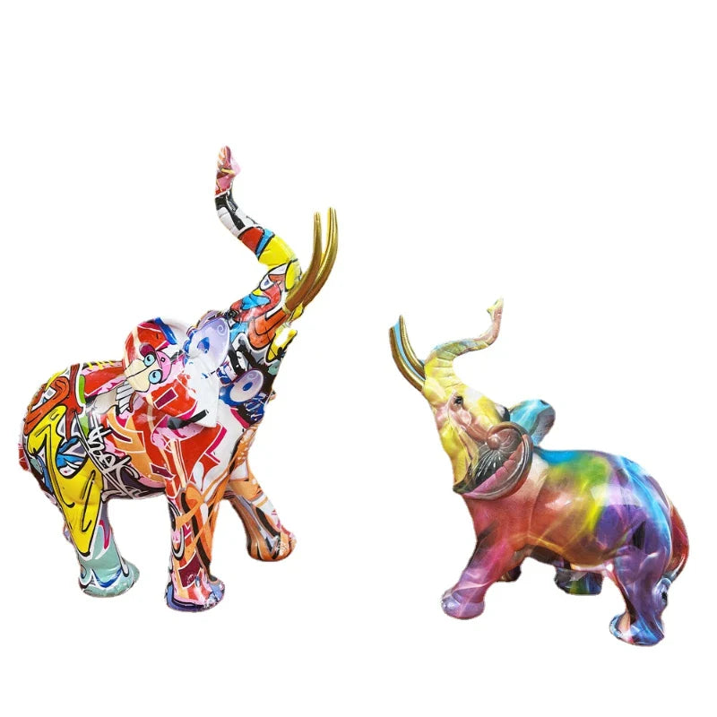 Afralia™ Splatter Art Elephant Decor Statue, Colorful Resin Animals, Desk Collection Display