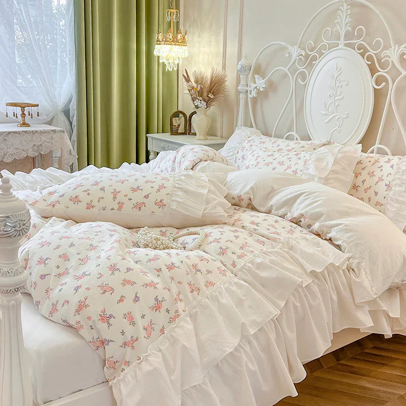Afralia™ Cotton Floral Print Bedding Set with Pleat Lace Ruffles, 4-Piece Ensemble