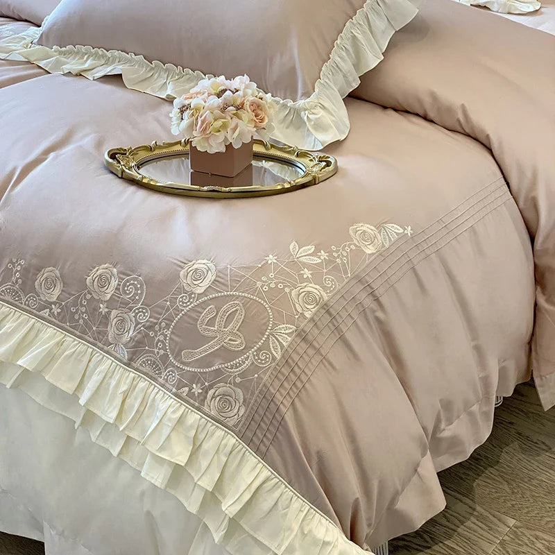 Afralia™ 1000TC Egyptian Cotton Flowers Embroidery Bedding Set with Vintage French Ruffles.