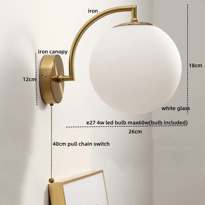 Afralia™ LED Glass Iron Wall Light with Pull Chain Switch for Corridor Living Room Bedroom