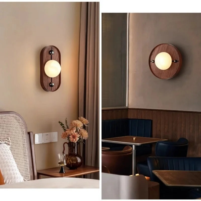 Afralia™ Retro LED Wall Lamp Iron Canopy Marble Lampshade Stair Light Fixture - Wood Texture