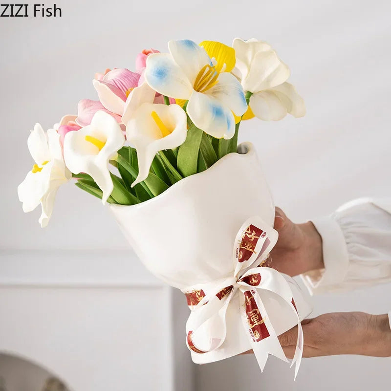 Afralia™ Lovely Ribbon Ceramic Vase Set for Cute Room Aesthetic Decor