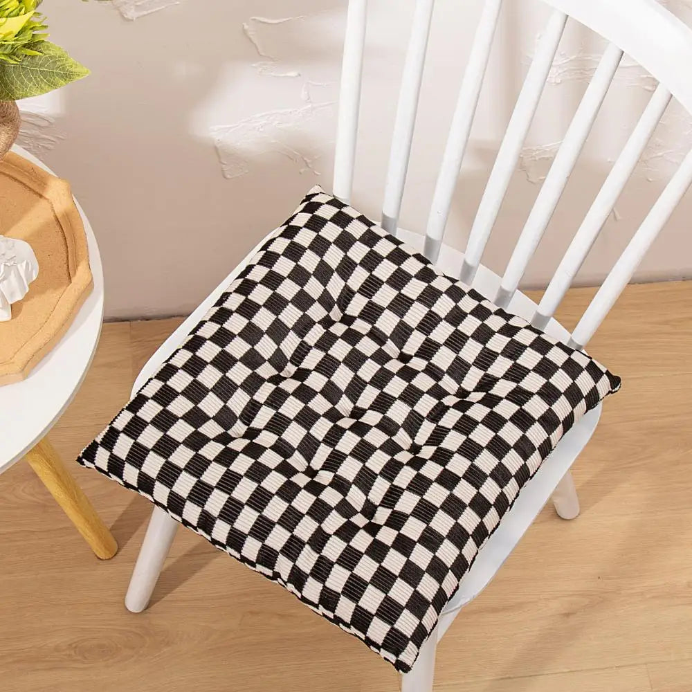Afralia™ Checkered Corduroy Seat Cushion, Winter Thick Dining Chair with Strap