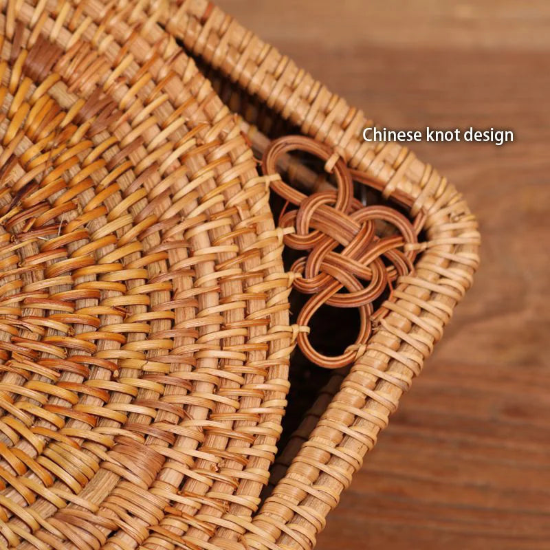 Afralia™ Handwoven Rattan Storage Box with Lid Chinese Knot Ornament for Kitchen Organization