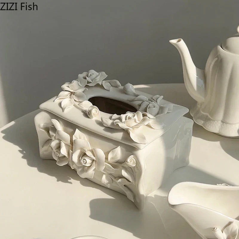 Afralia™ Camellia Flower Ceramic Tissue Box - Modern Home Decor