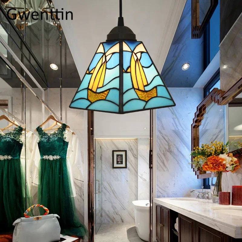 Afralia™ Tiffany Pendant Lights: Stained Glass Hanging Lamp for Mediterranean Loft Home Decor