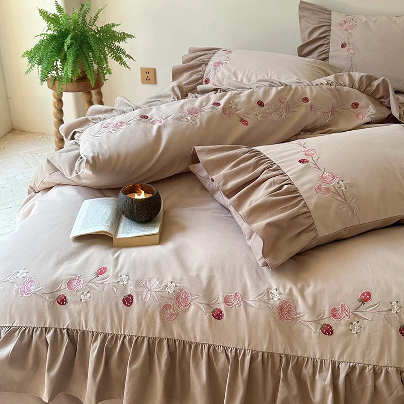 Afralia™ Korean Princess Style Embroidered Bedding Set with Pleated Ruffles in Egyptian Cotton