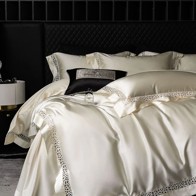 Afralia™ Brocade Lace Edge Egyptian Cotton Bedding Set - 4Pcs