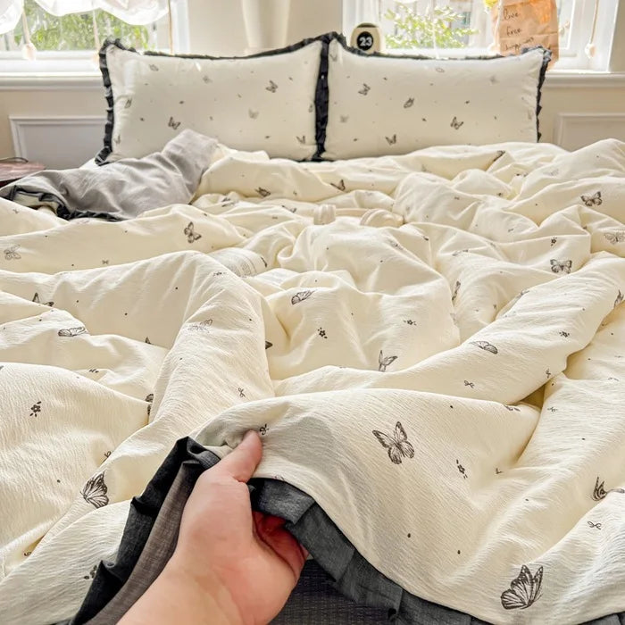 Afralia™ Wrinkled Yarn Lace Bedding Set: New Printed Cotton Duvet Cover Kit for Double Bed