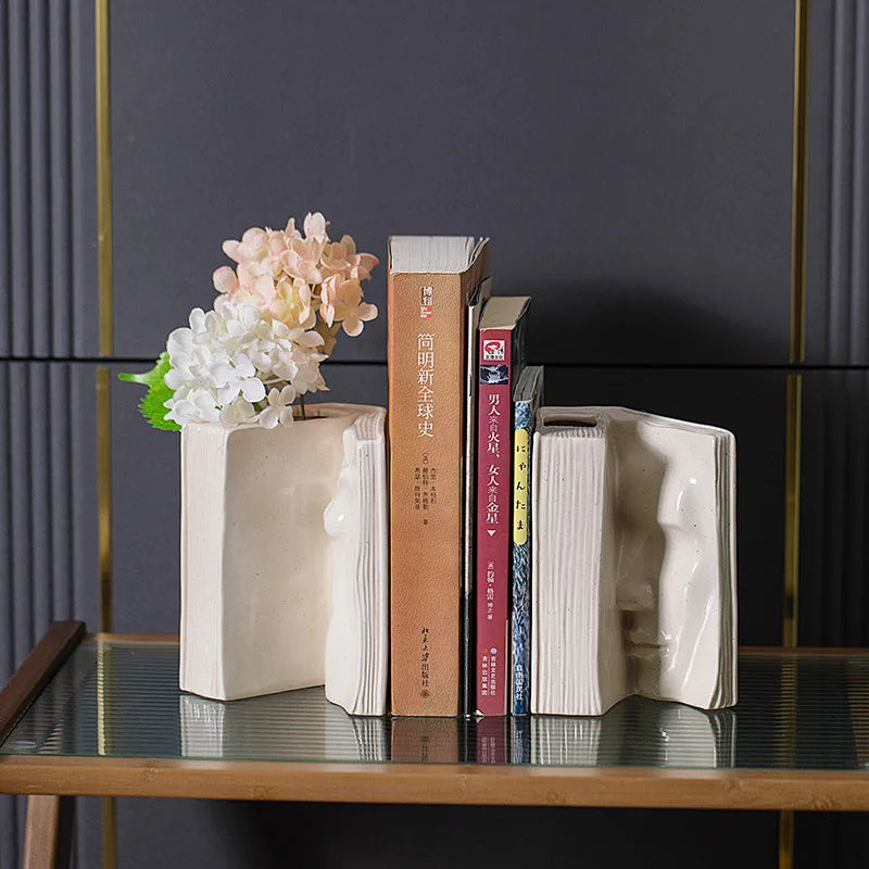 Afralia™ Ceramic Man Face Book Stand Vase for Room Decor and Storage