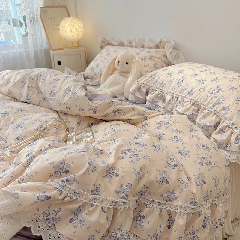 Afralia™ Princess Style Lace Ruffles Bedding Set - 100% Cotton, 3/4Pcs, Korean Design