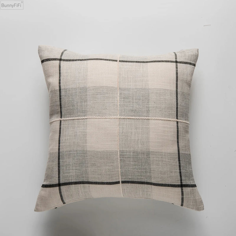 Afralia™ Brown Grey Stripe Embroidery Cushion Cover Set, Cotton Linen, 45x45cm 60x60cm Home Decor