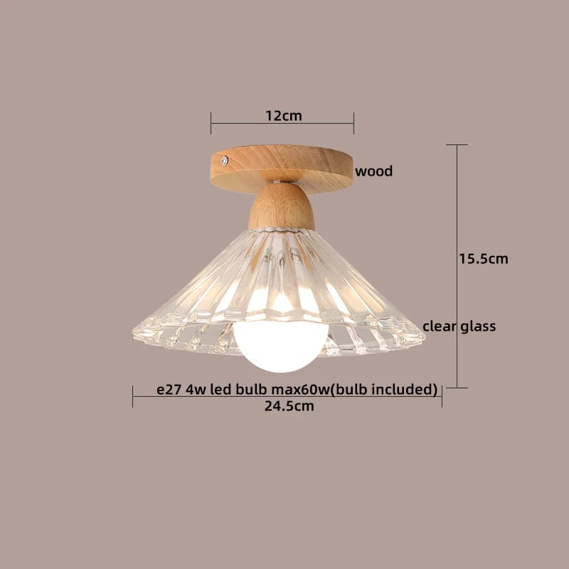 Afralia™ Nordic Wood Glass LED Ceiling Light Modern Indoor Lighting Balcony Corridor Restaurant