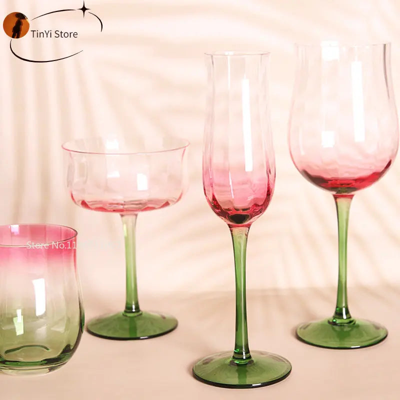 Afralia™ Pink Ripple Crystal Champagne & Red Wine Glasses Set for Elegant Celebrations