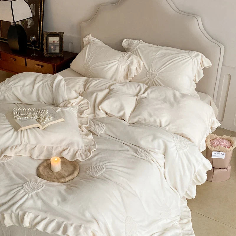 Afralia™ Velvet Ruffles Winter Bedding Set: Plush & Warm Heart Twisted Flowers Theme