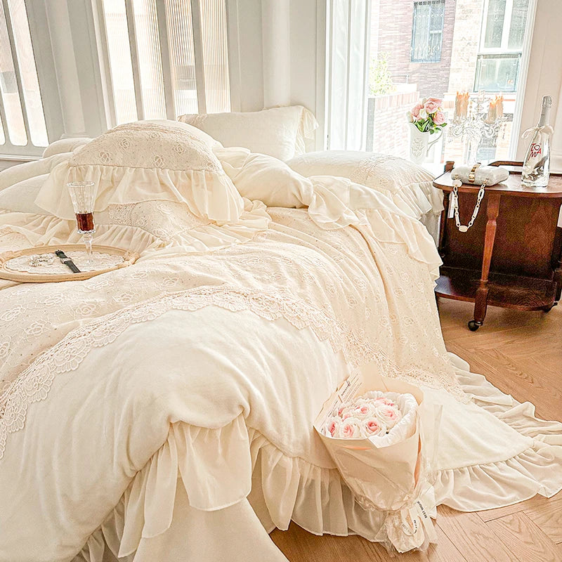 Afralia™ Velvet Fleece Lace Ruffles Bedding Set, French Palace Patchwork, Queen & King Sizes