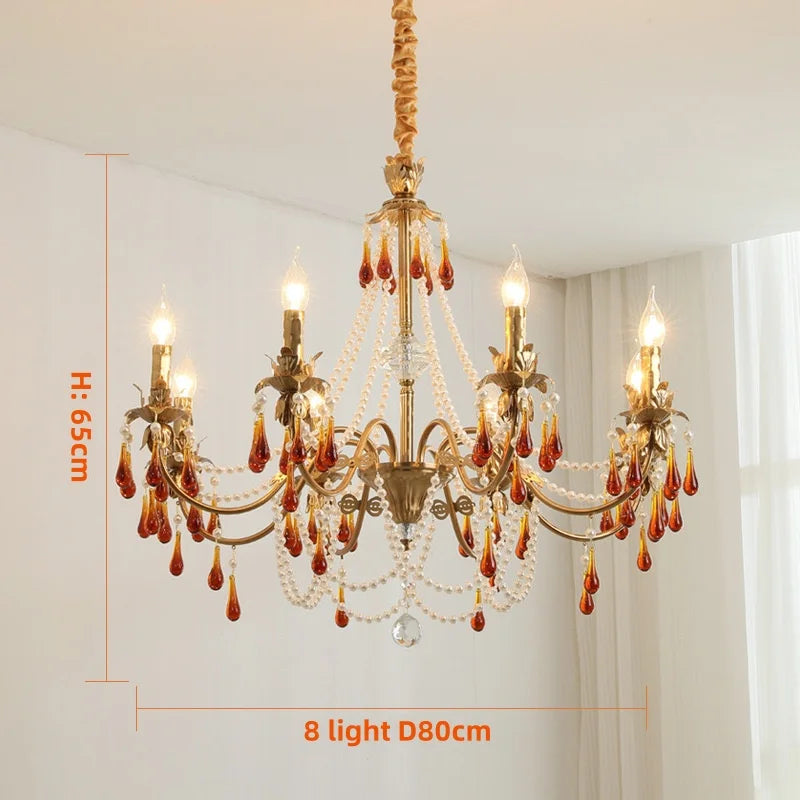 Afralia™ Luxury Red Crystal Candle Chandelier LED Pendant Light - Copper E14 Glamourizing Luminarias