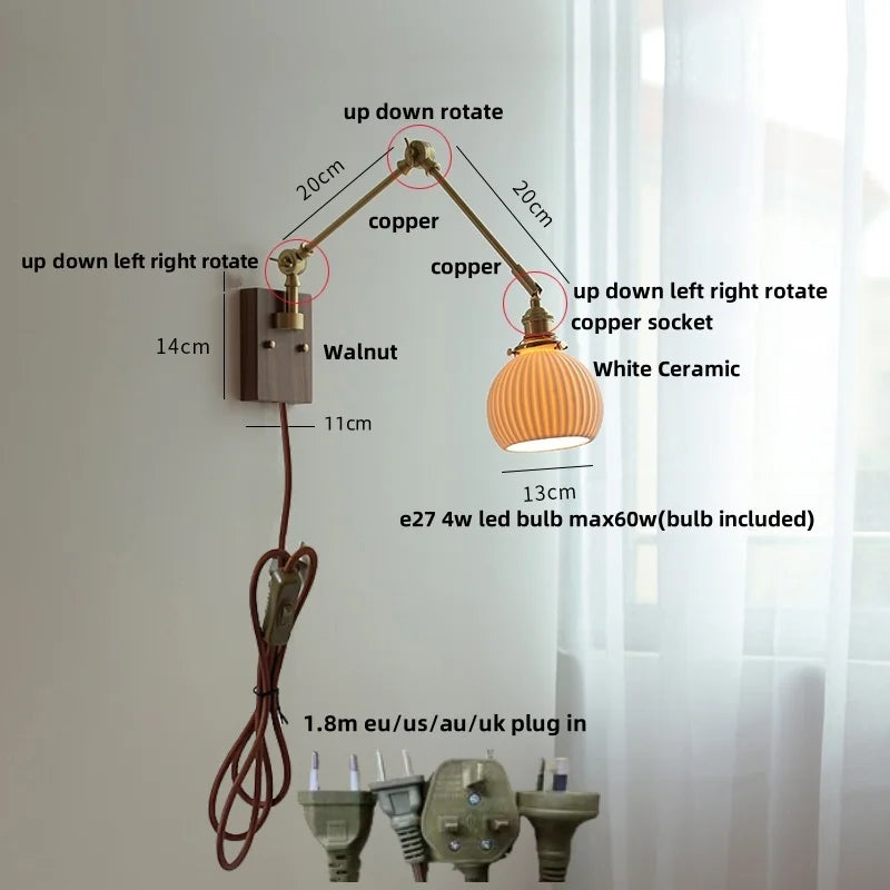 Afralia™ Ceramic Ball Brass Walnut Wood Wall Light with Pull Chain Switch