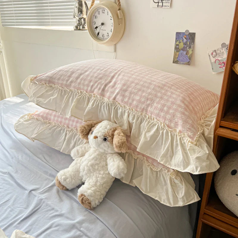 Afralia™ Korean Princess Style Cotton Bedding Set with Ruffles and Lace