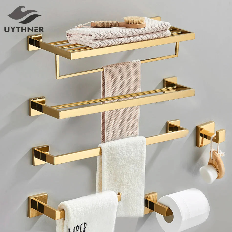 Afralia™ Gold Bathroom Hardware Set: Hook, Towel Rail, Bar, Shelf, Tissue Holder & More