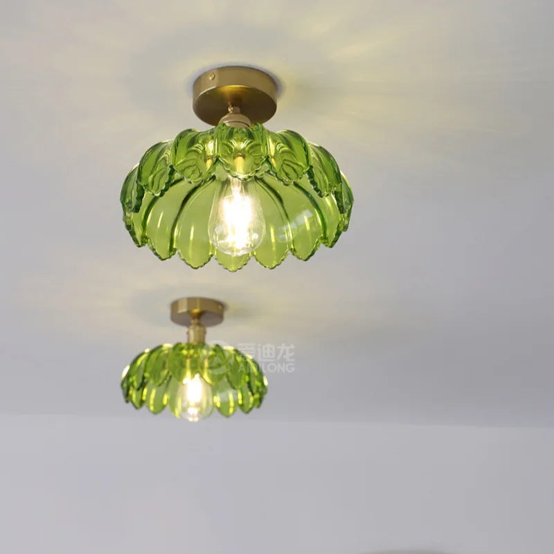 Afralia™ Green Glass LED Ceiling Light Modern Iron Copper Lampara Techo for Home Decor