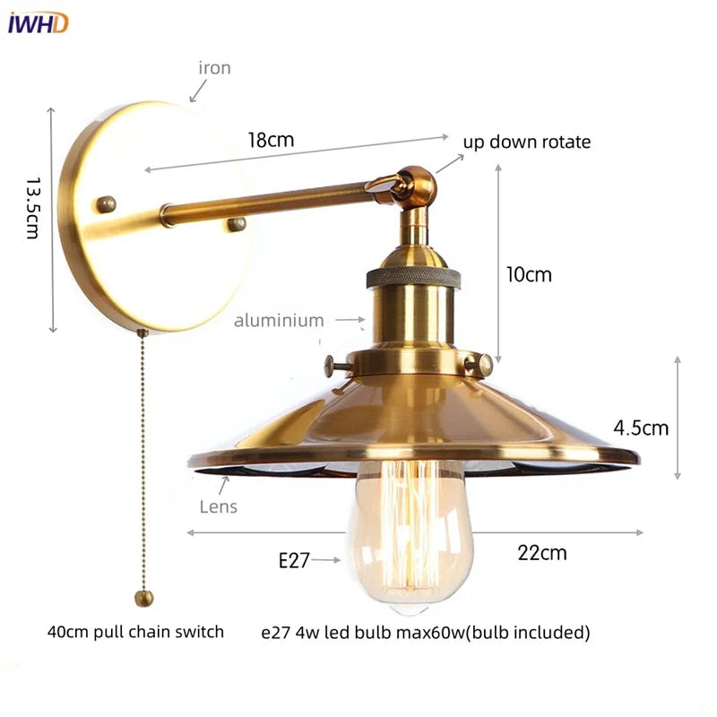 Afralia™ Vintage LED Wall Lights Pull Chain Lens Stair Aisle Bedside Lamp Iron Lightings