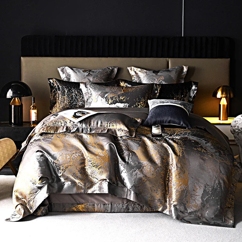 Afralia™ Silver Gray Satin Jacquard 1000TC Egyptian Cotton Bedding Set, Queen King Size
