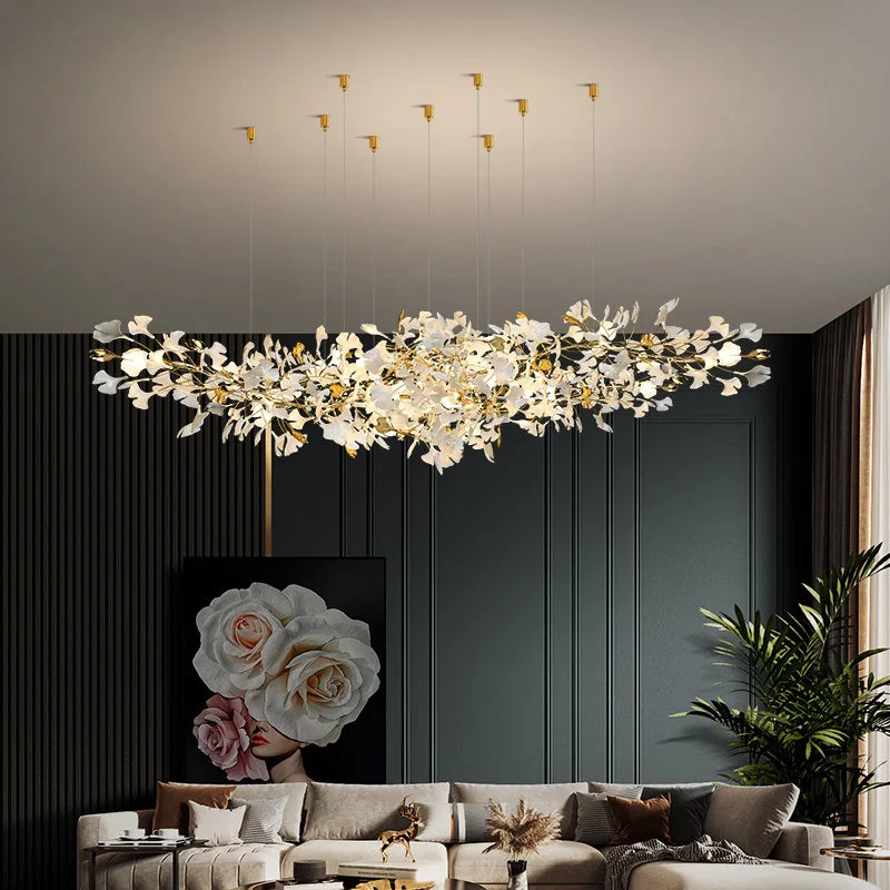 Afralia™ Luxe Ginkgo Leaves Chandelier Pendant Light for Living Room Bedroom