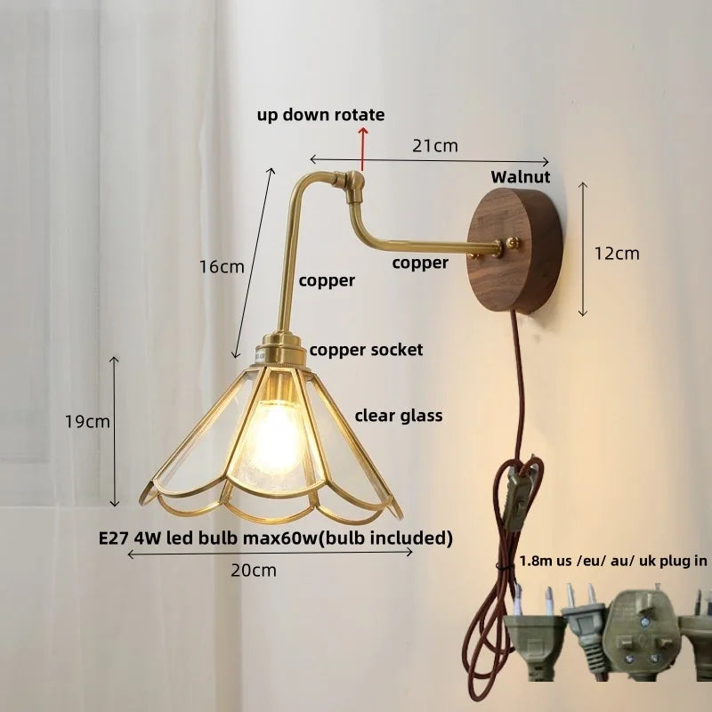 Afralia™ Rotating Copper LED Wall Light with Pull Chain Switch and Walnut Base