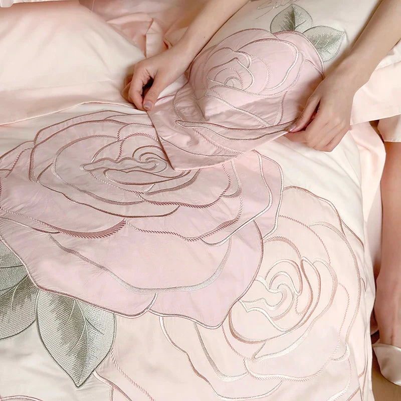 Afralia™ Pink Rose Applique Cotton Embroidery Bedding Set 500TC Soft Skin-friendly Duvet Cover