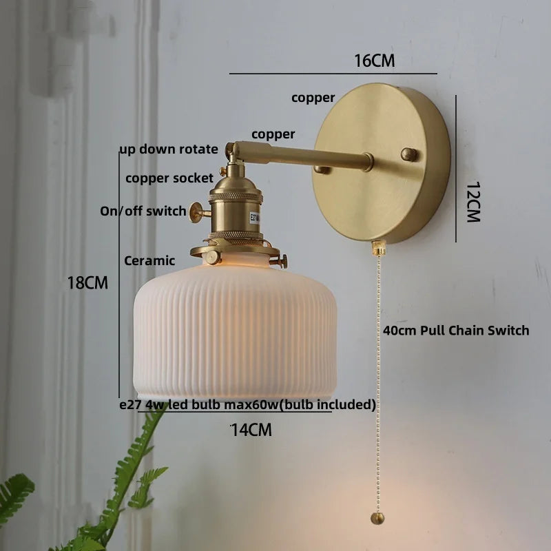 Afralia™ Copper LED Sconce Wall Lamp Pull Chain Switch Nordic Modern Ceramic Mirror Light