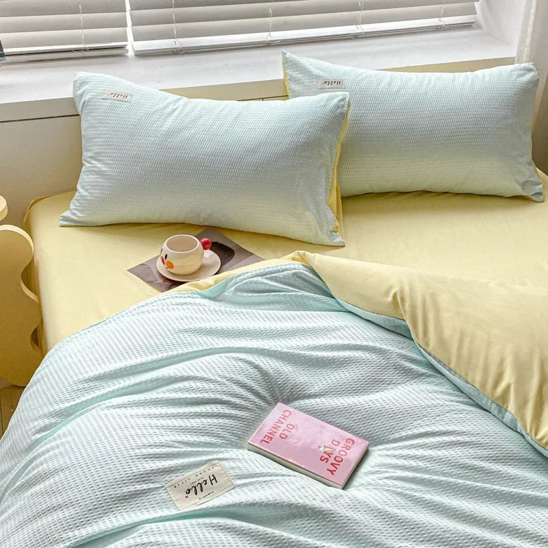 Afralia™ Soft Waffle Comforter Set with Printed Fitted Sheet for Single Double Beds
