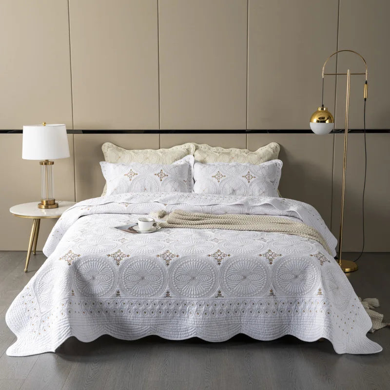 Afralia™ Gold Embroidery Cotton Bohemia Quilt Set - 3PCS Coverlet & Pillowcase