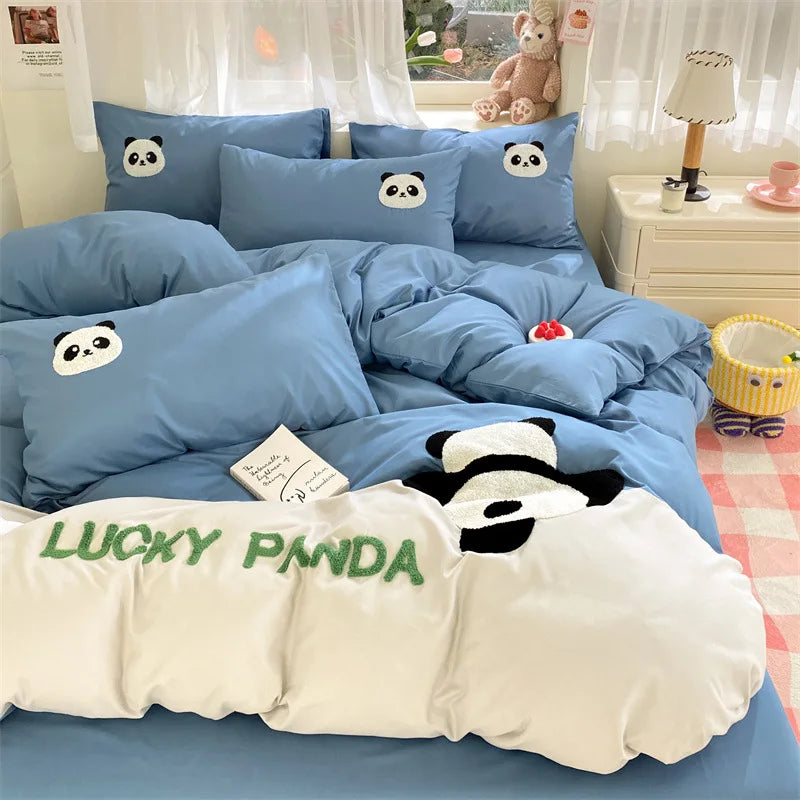 Afralia™ Panda Cotton Embroidery Bedding Set for Queen King Size