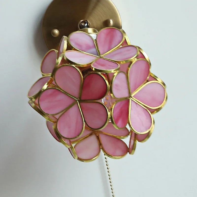 Afralia™ Pink Flower Glass Wall Light Fixture for Bedroom with Pull Chain Switch