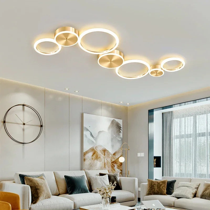 Afralia™ Modern LED Circle Rings Golden Ceiling Chandelier