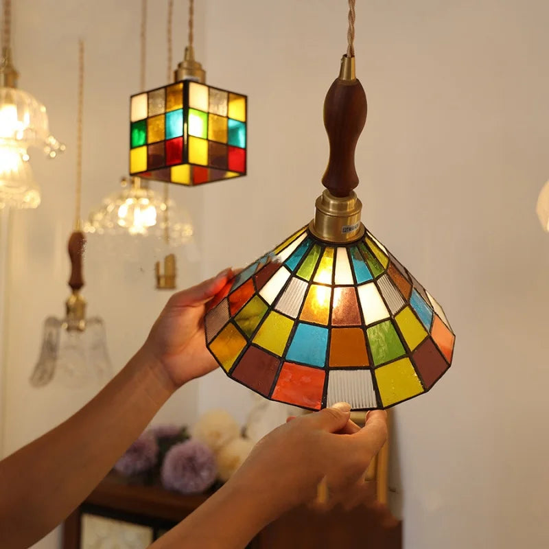 Afralia™ Walnut Wood LED Pendant Light Fixture with Colorful Glass Hang Lamp