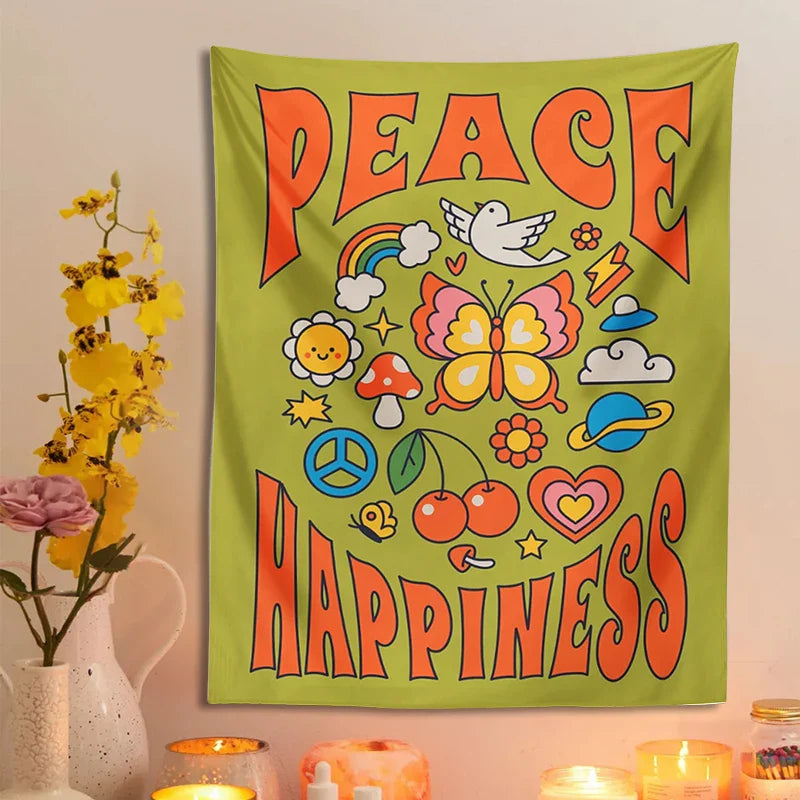 Afralia™ Hippie Trippy Tapestry: Flower Peace Happiness Butterfly Rainbow Sun Wall Decor