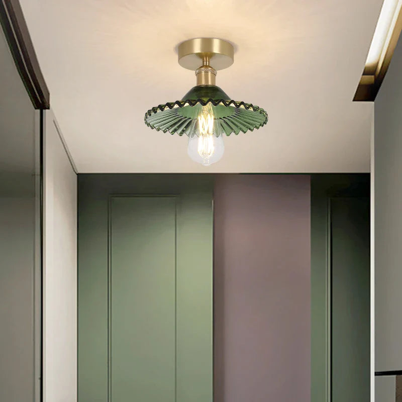 Afralia™ Green Glass Copper Ceiling Light Fixture Balcony Kitchen Modern LED Lamp