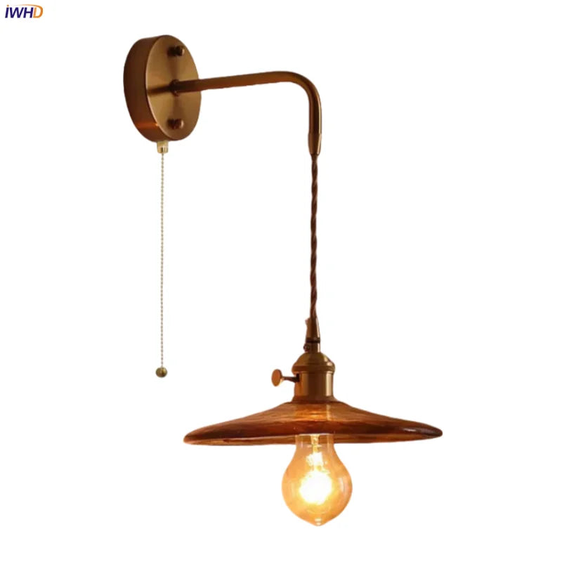 Afralia™ Glass LED Wall Sconce Bedroom Loft Bathroom Stair Light Pull Chain Copper