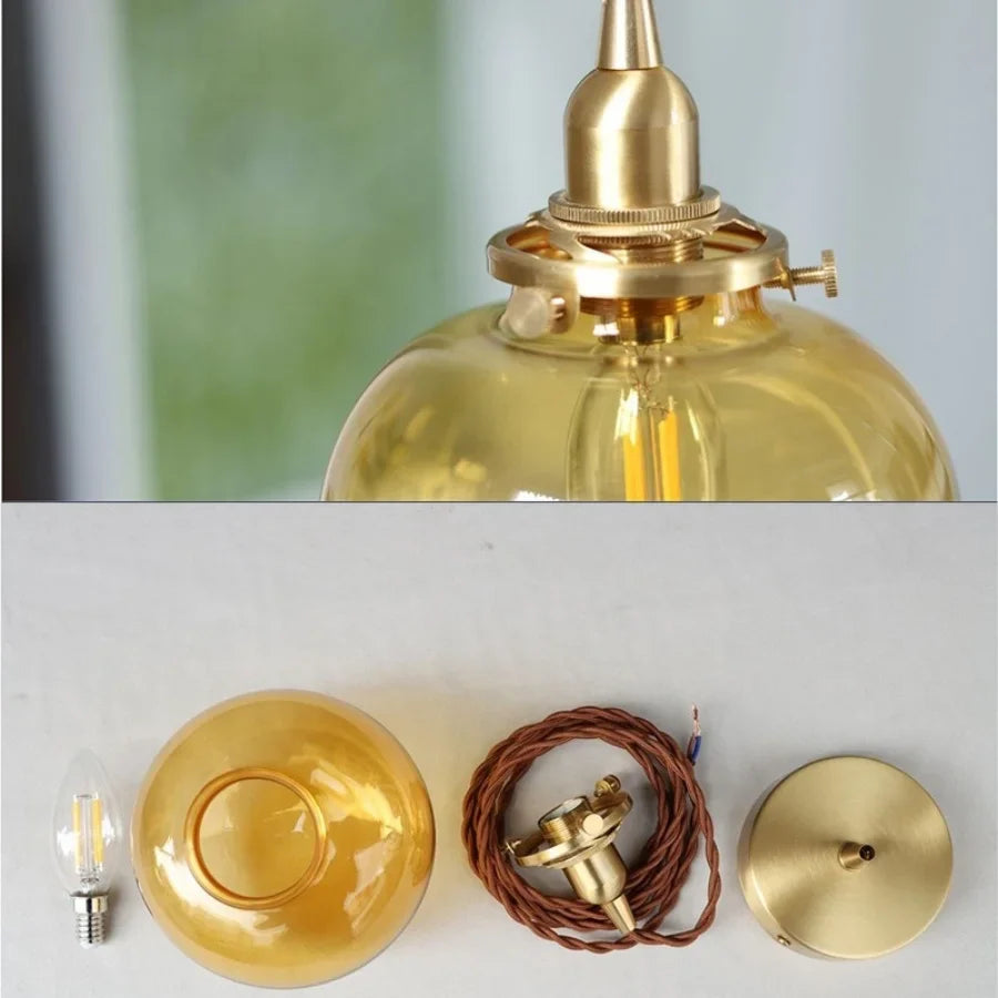 Afralia™ Amber Glass Ball LED Pendant Light, Modern Nordic Hanging Lamp for Home Decor