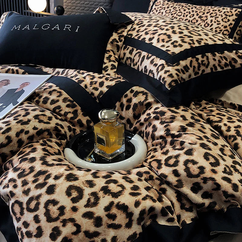Afralia™ Leopard Print Lyocell Cotton Bedding Set, Luxury Duvet Cover, Sheet & Pillowcases