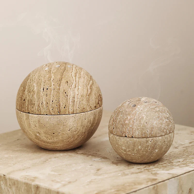 Afralia™ Beige Travertine Marble 9-Hole Sphere Incense Burner Burner Wood Plate Holder