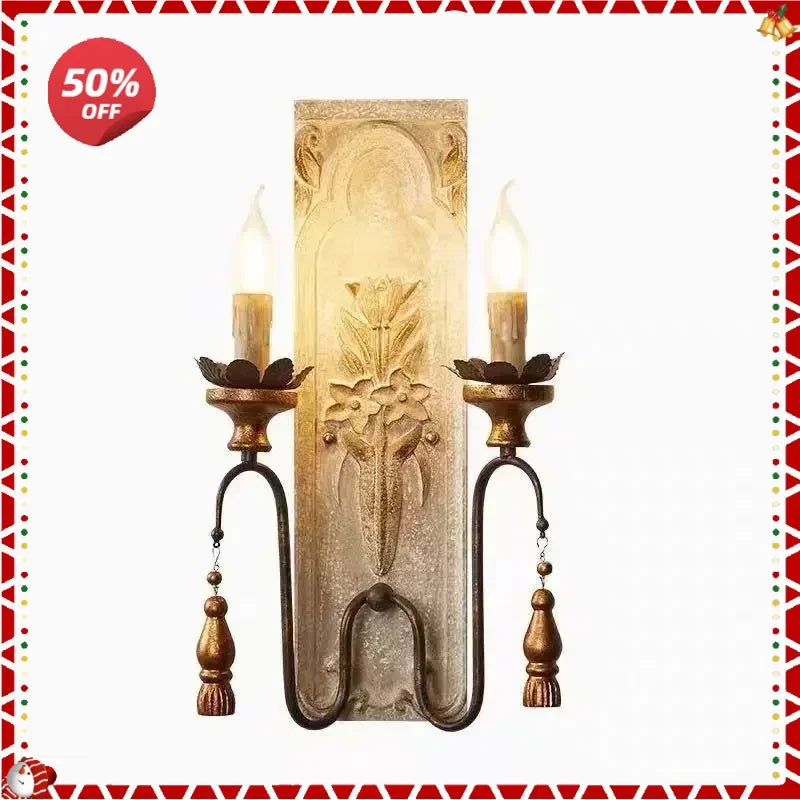 Afralia™ Rustic French Wood Carving Wall Lamp Vintage Style for Living Room Bedroom Corridor