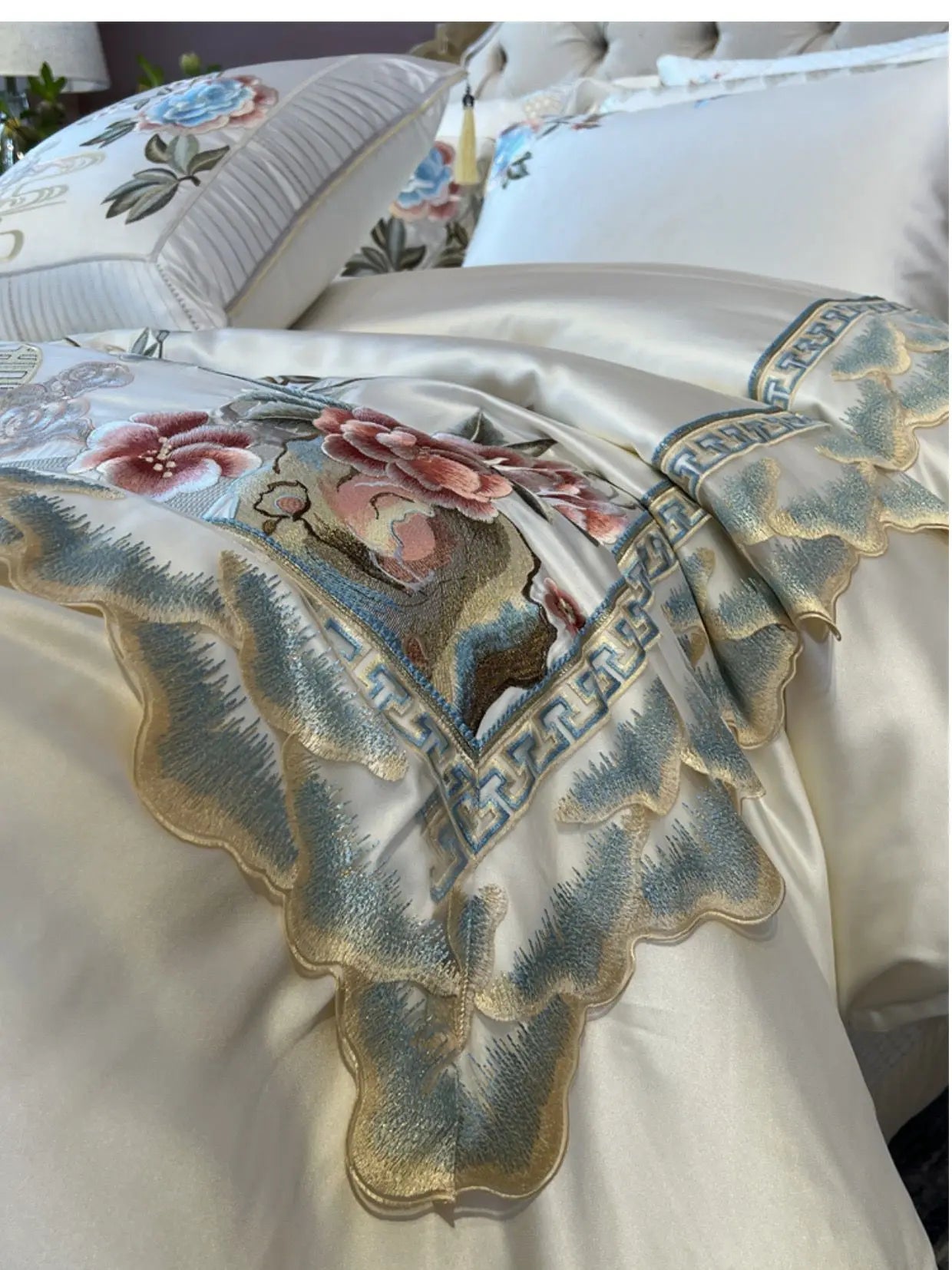 Afralia™ Luxe Peony Embroidered Bedding Set with Egyptian Cotton, Duvet Cover, Sheet, Pillowcase
